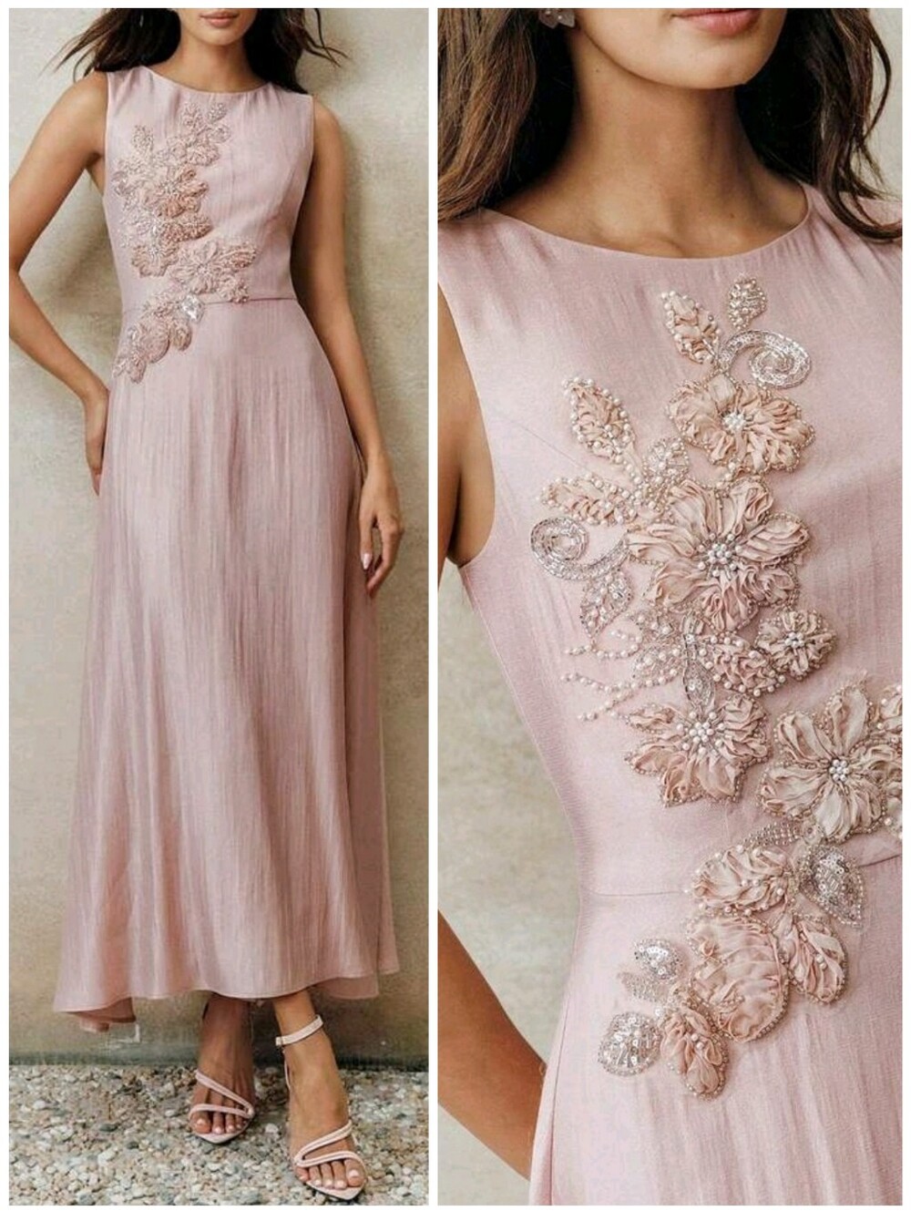 New Luxe Beaded Sequin Midi Dress Floral Sleeveless Pink